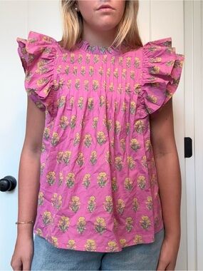 Women’s ' Pink Floral Ruffle-Sleeve Blouse